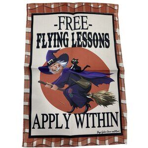 Witch on Broom Stick Garden Flag Halloween Party Banner Fall Decor Black Cat